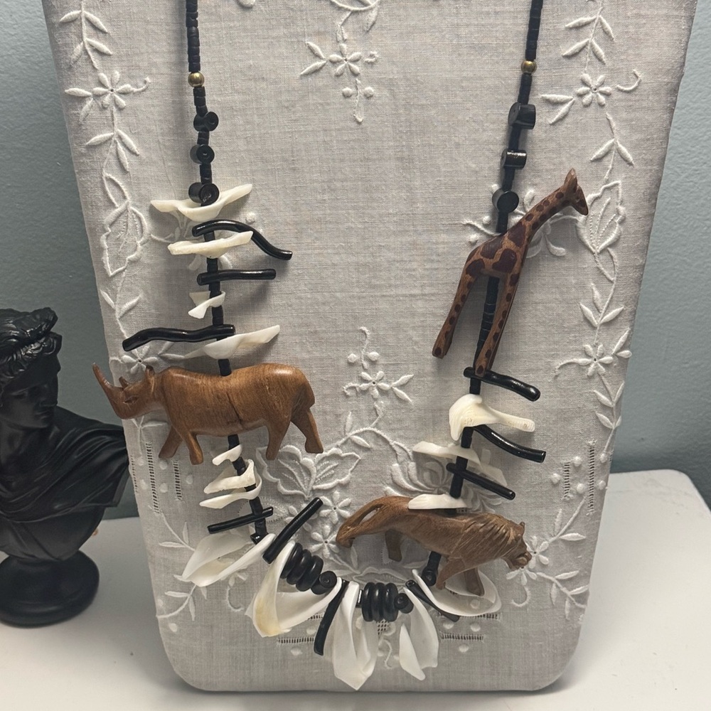 Vintage African Beaded Necklace With Hand-Carved Wooden Animals
